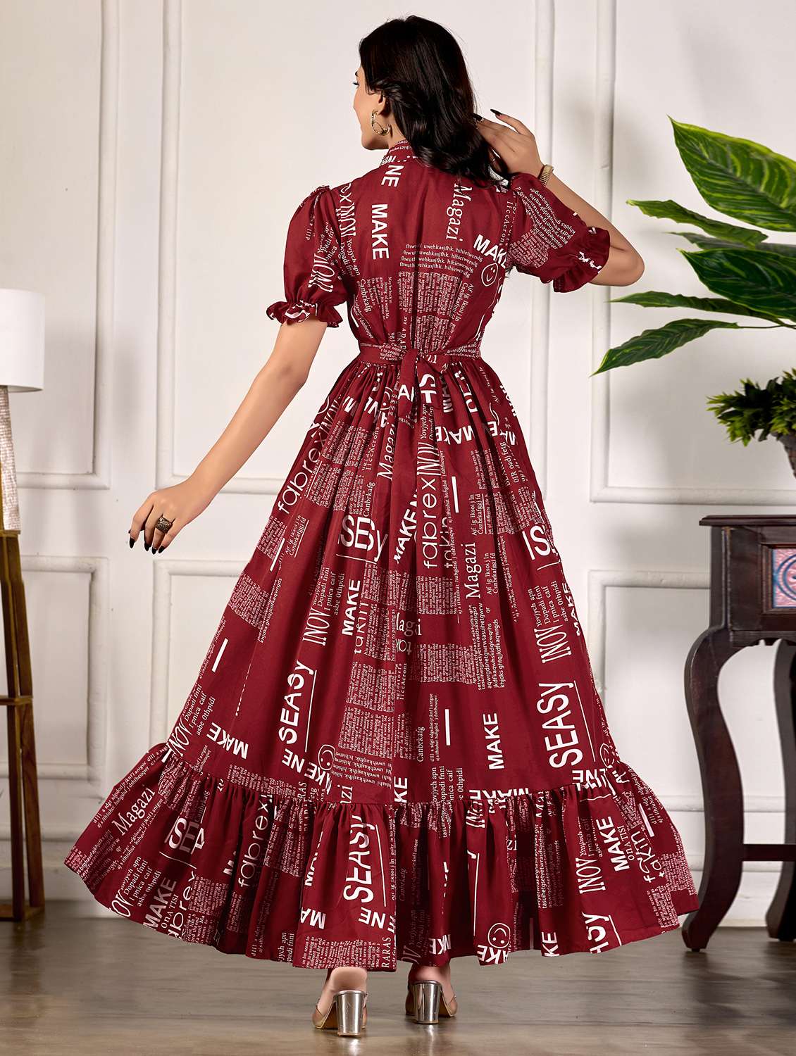 women printed puff sleeve collared tiered dress - 22088145 - Standard Image - 3