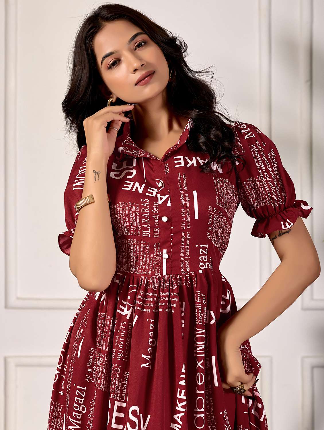 women printed puff sleeve collared tiered dress - 22088145 - Standard Image - 5
