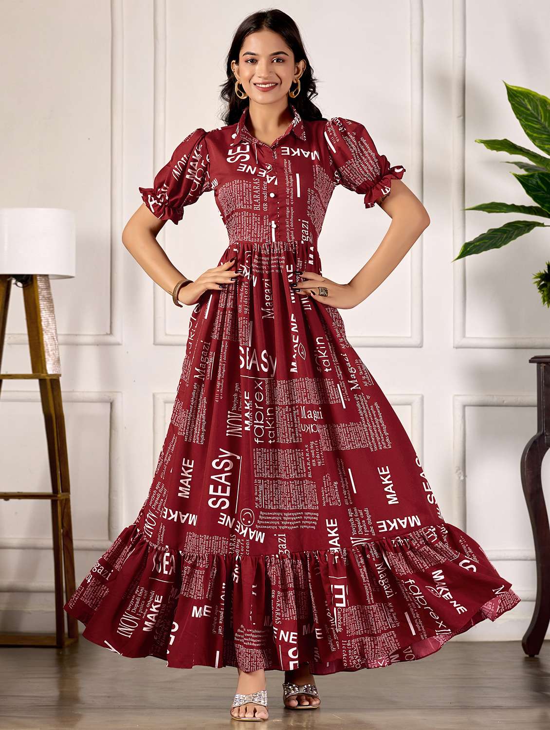 women printed puff sleeve collared tiered dress