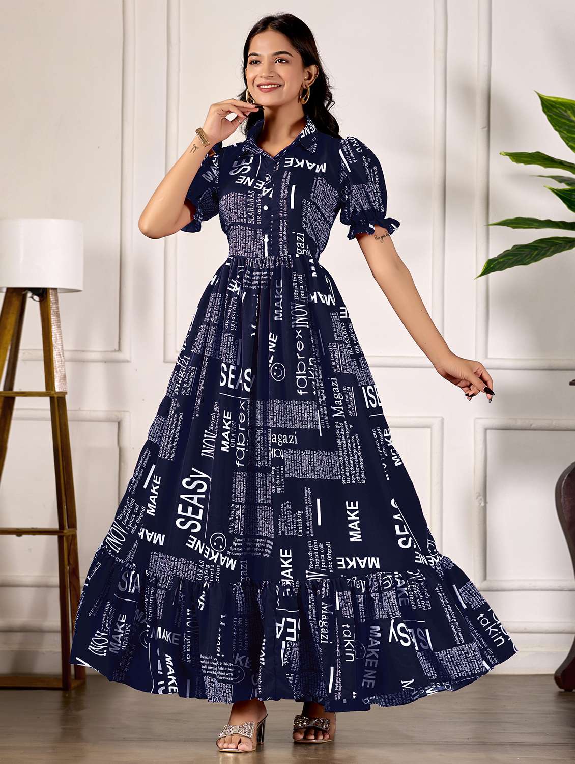 women printed puff sleeve collared tiered dress