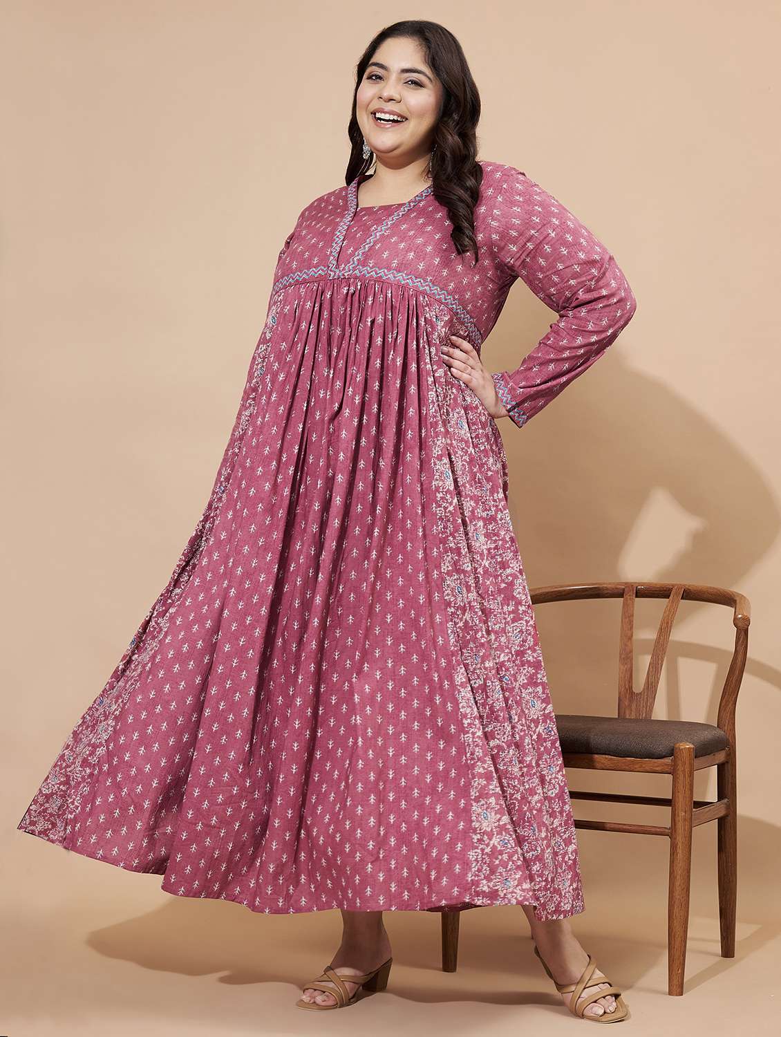 women printed long sleeve anarkali kurta