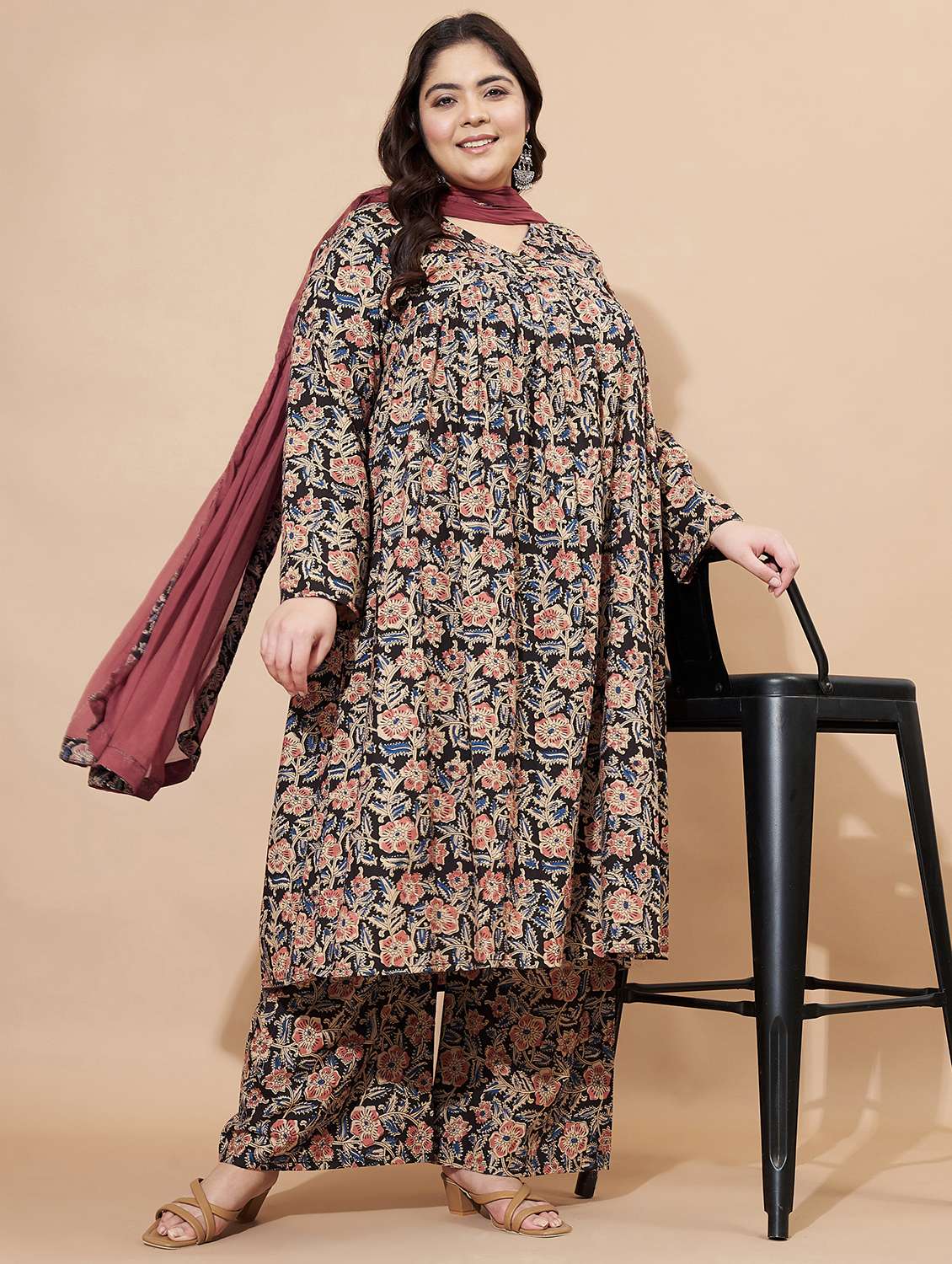 women plus size long sleeve kurta palazzo with dupatta set