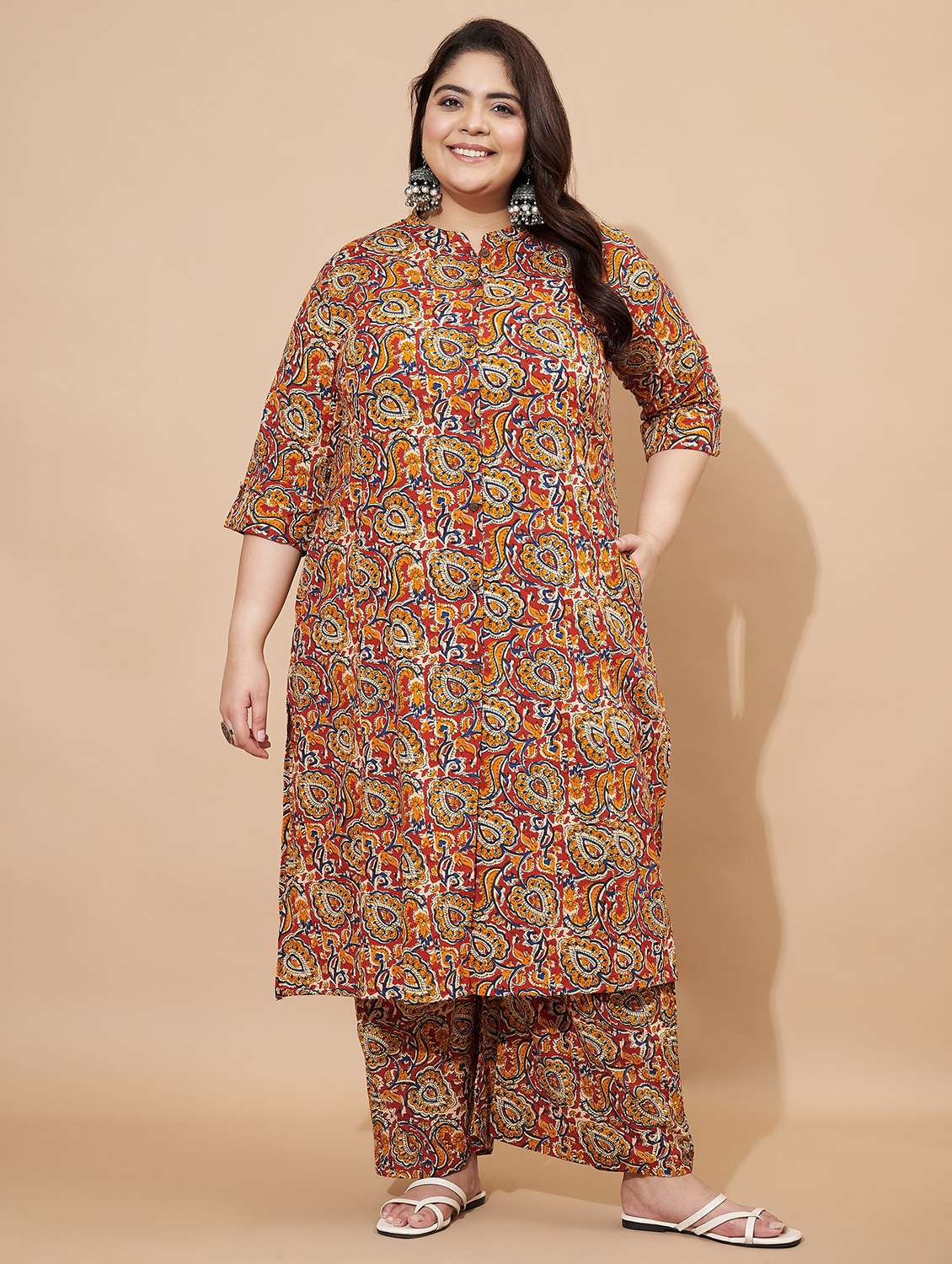 women plus size three quarter sleeve kurta palazzo set
