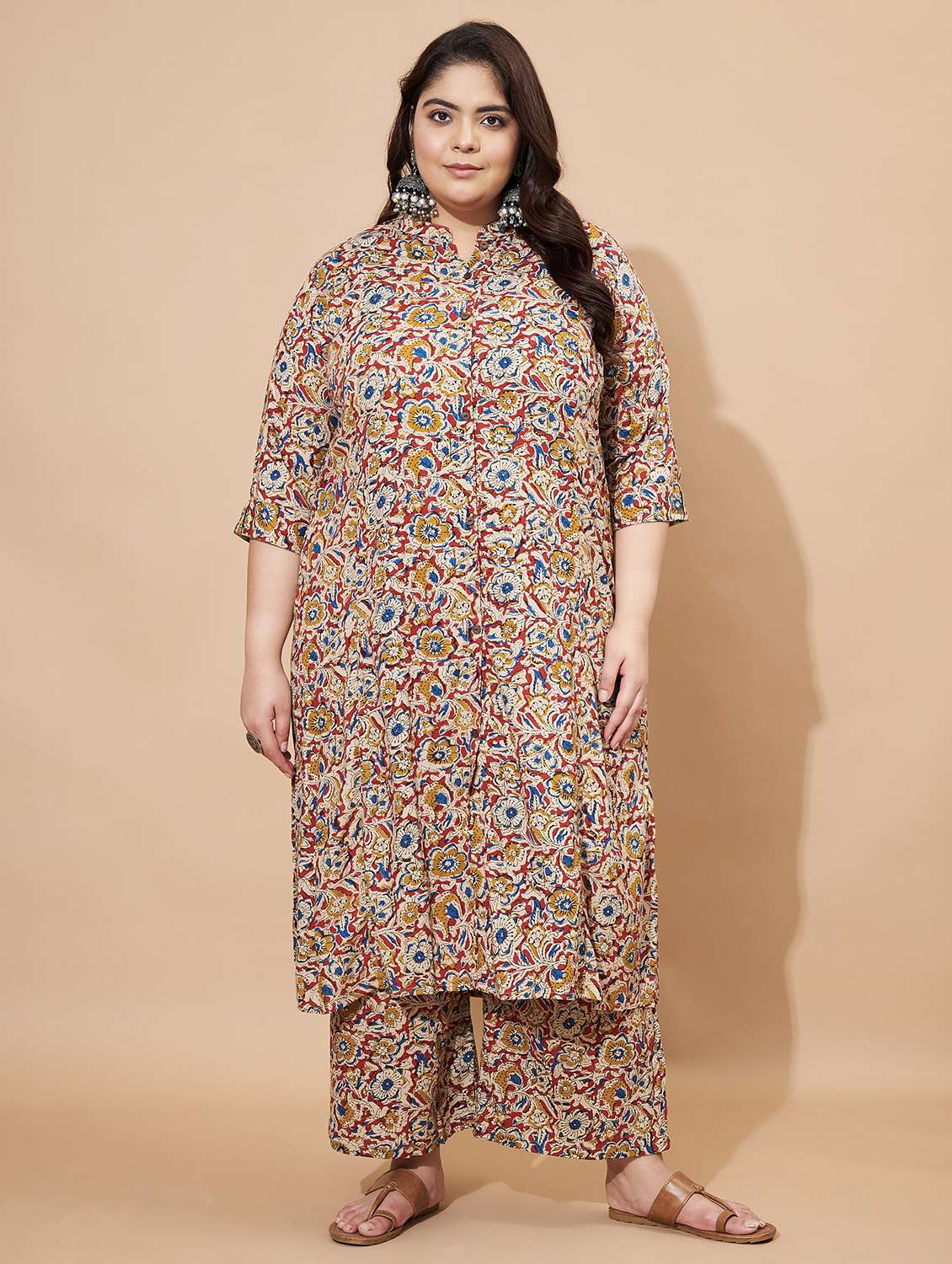 women plus size three quarter sleeve kurta palazzo set