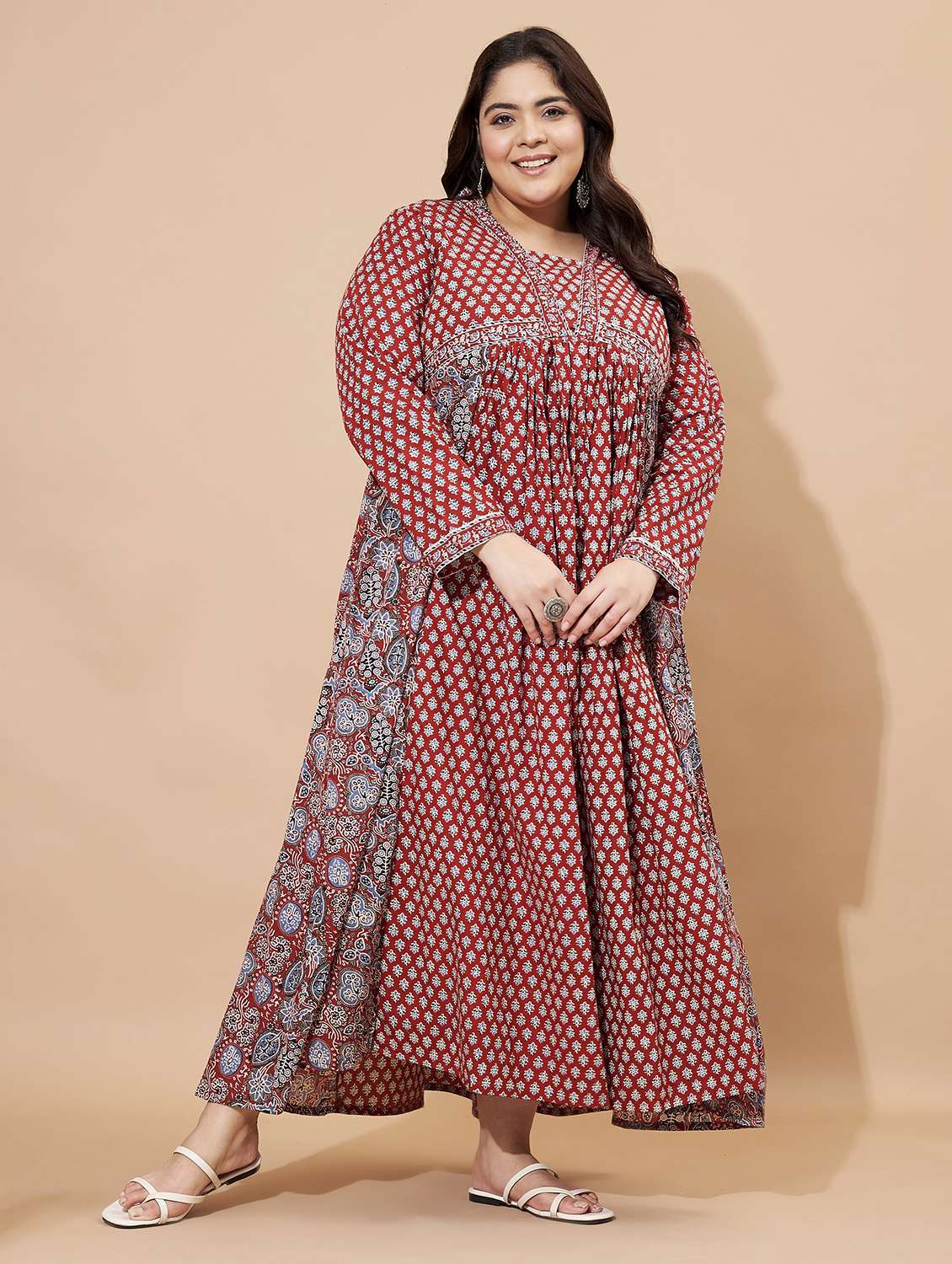 women printed long sleeve anarkali ethnic dress