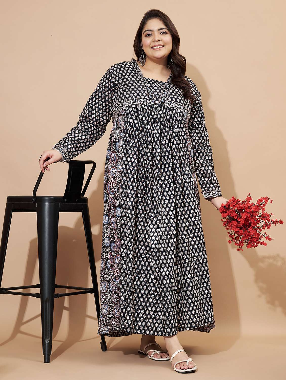 women printed long sleeve anarkali ethnic dress