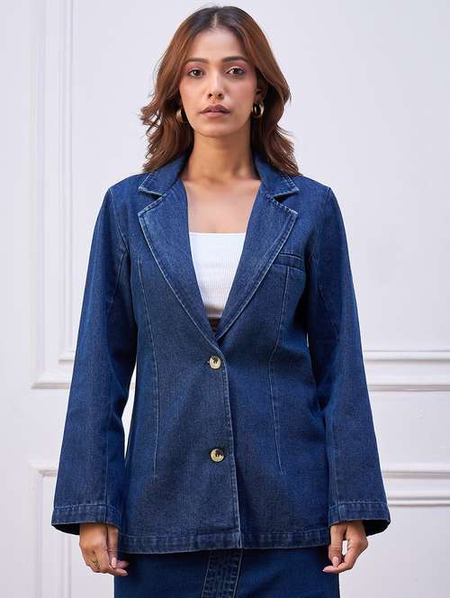 Women Solid Long Sleeve Denim Blazer