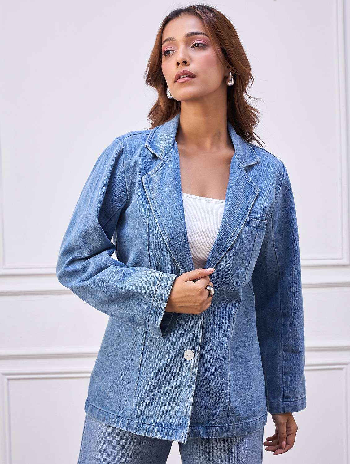 women solid long sleeve denim blazer