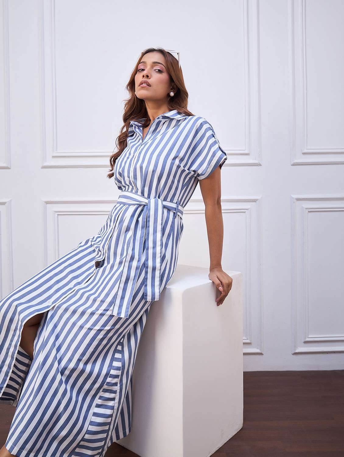 women striped collared short sleeve shirt dress - 22088218 - Standard Image - 3