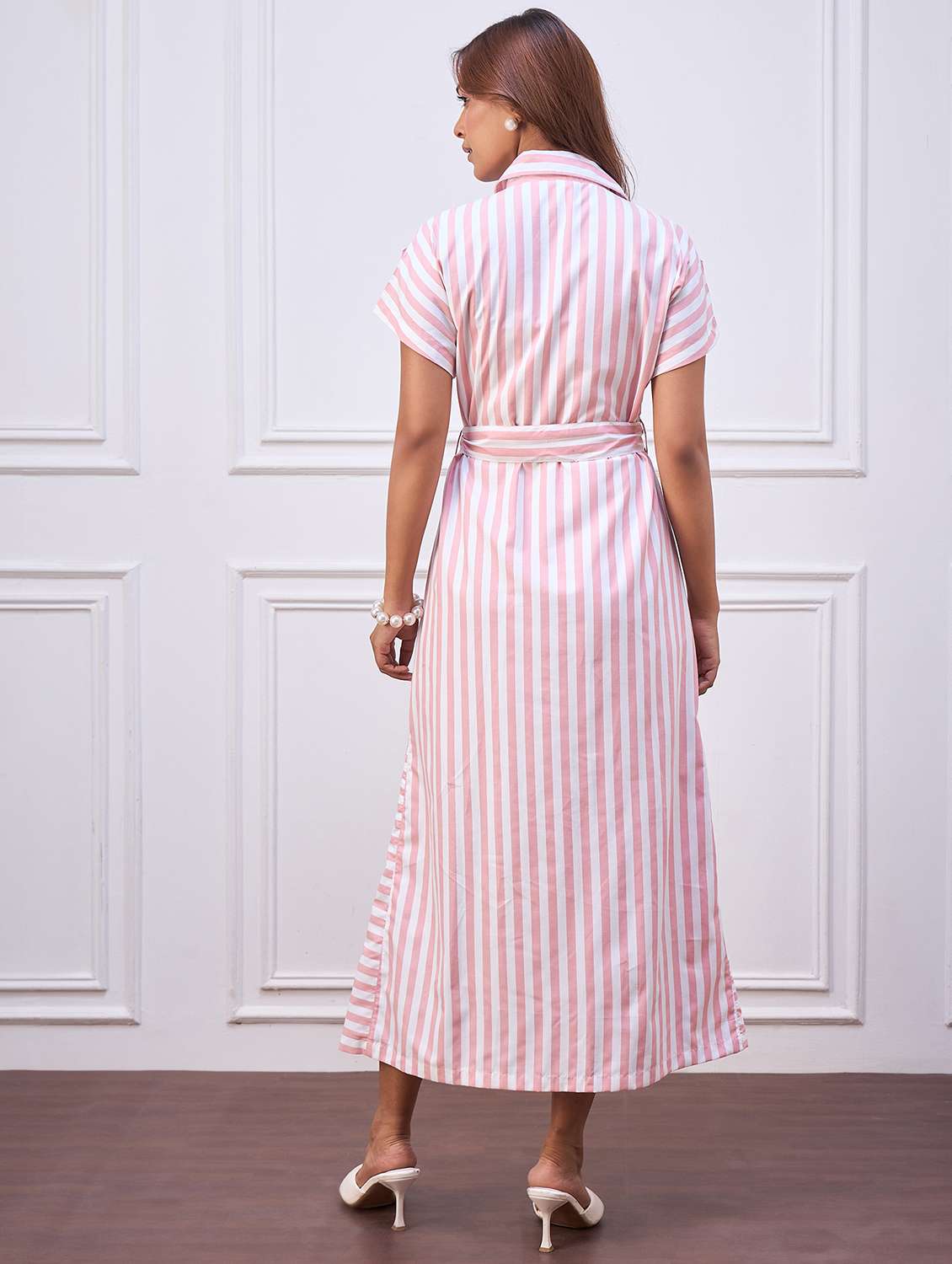 women striped collared short sleeve shirt dress - 22088220 - Standard Image - 3