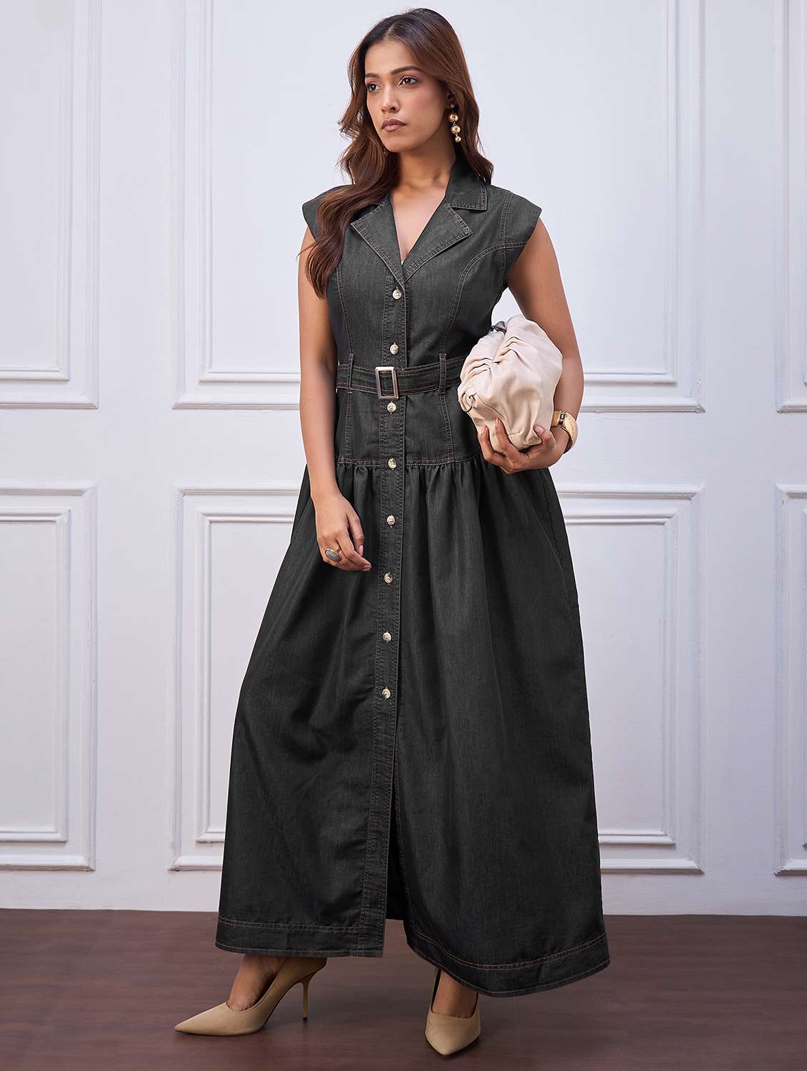 women solid sleeveless denim shirt dress - 22088221 -  Zoom Image - 0