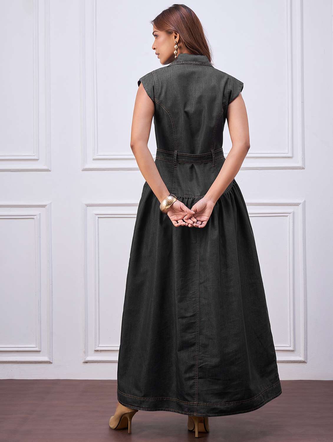 women solid sleeveless denim shirt dress - 22088221 - Standard Image - 3