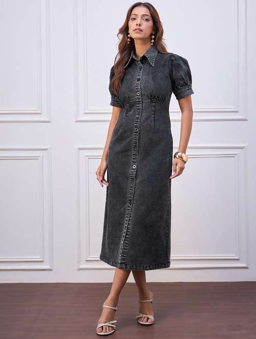 women solid collared puff sleeve denim shirt dress - 22088222 -  Standard Image - 0