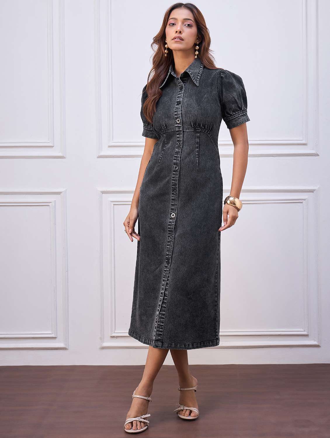 women solid collared puff sleeve denim shirt dress