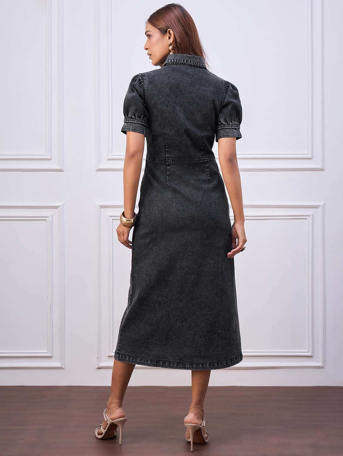 women solid collared puff sleeve denim shirt dress - 22088222 -  Standard Image - 3