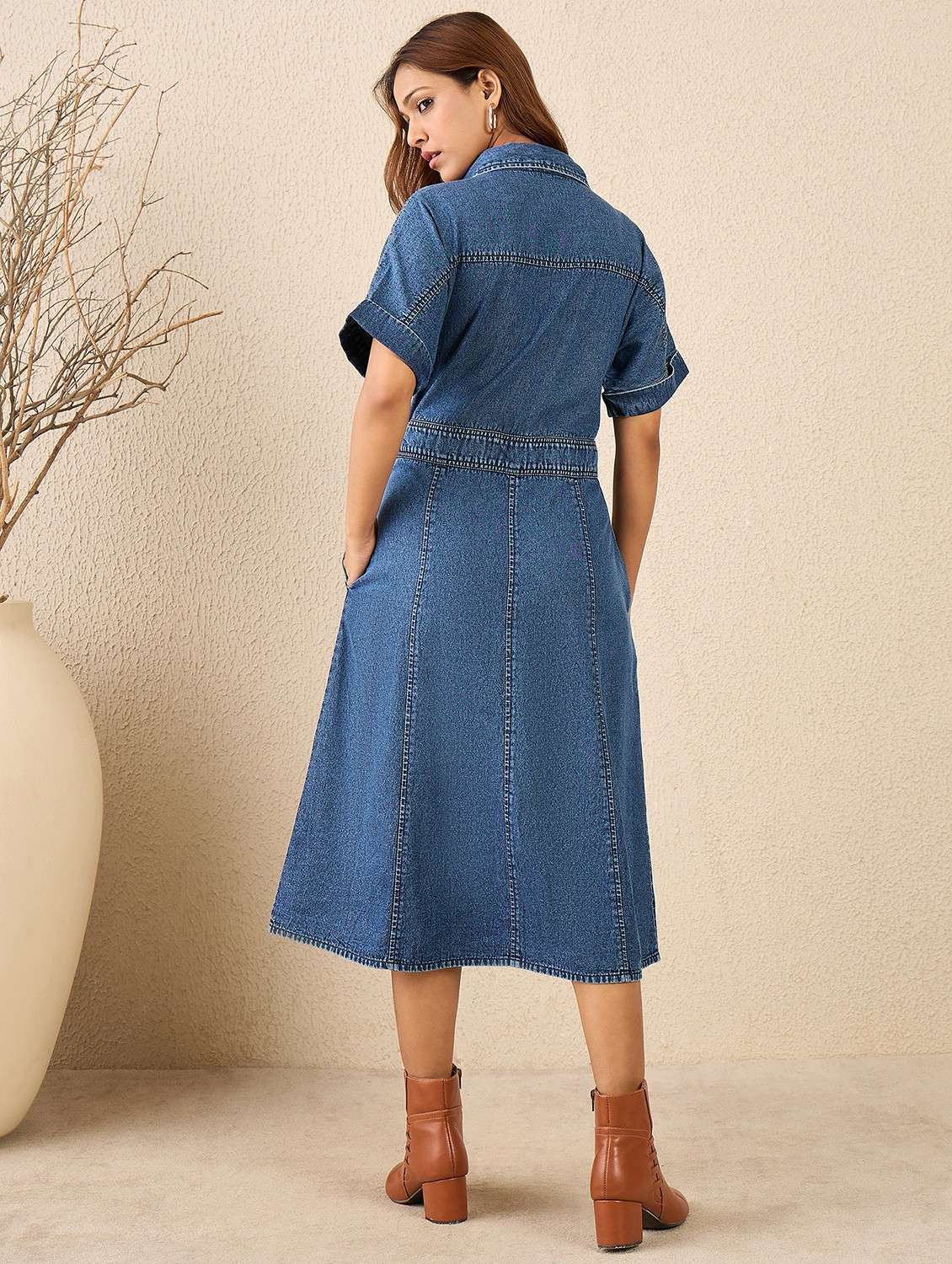 women solid short sleeve denim shirt dress - 22088225 - Standard Image - 3