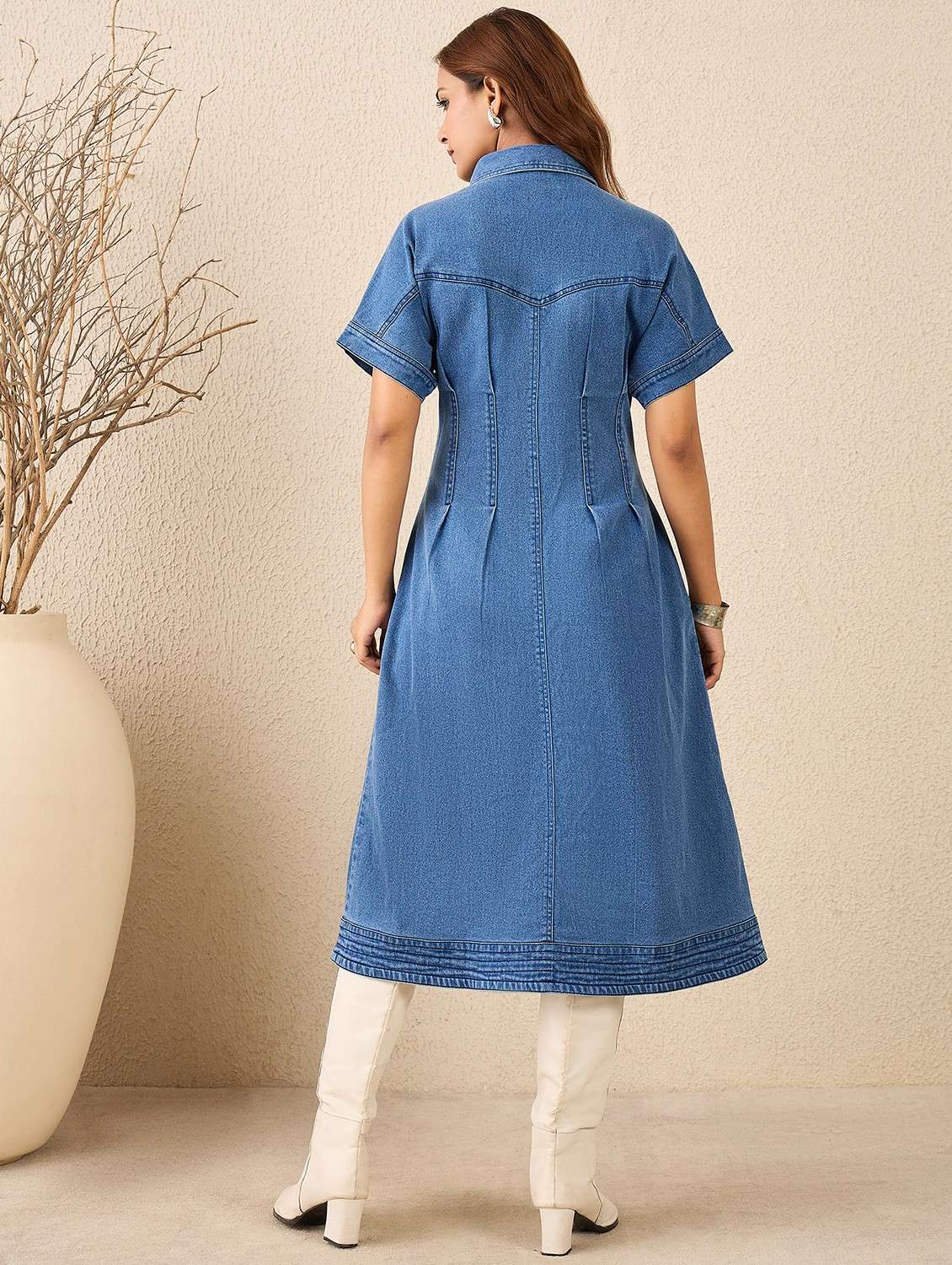 women solid short sleeve denim shirt dress - 22088226 -  Standard Image - 3