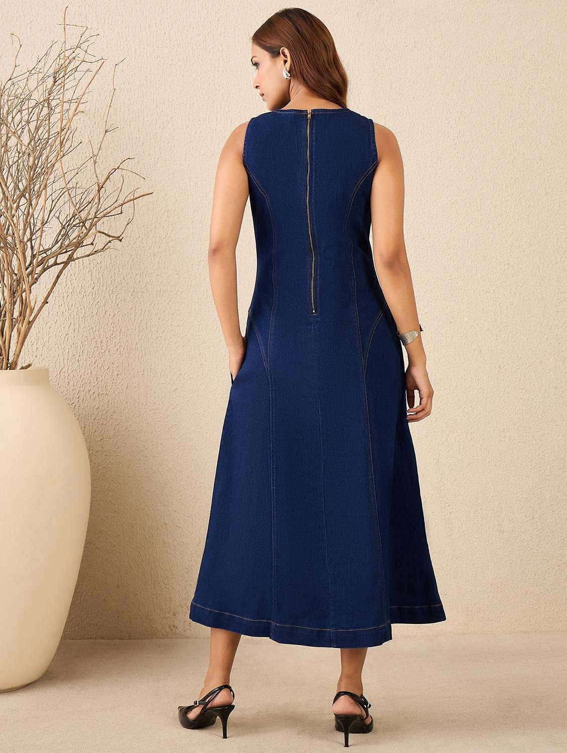 women solid sleeveless a-line denim dress - 22088227 - Standard Image - 3