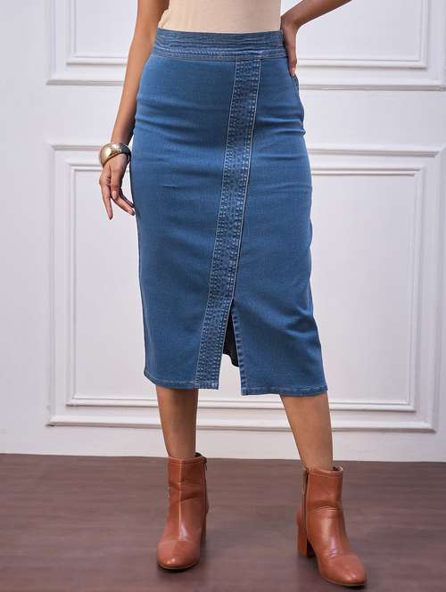 women solid highr rise denim skirt - 22088229 - Standard Image - 0
