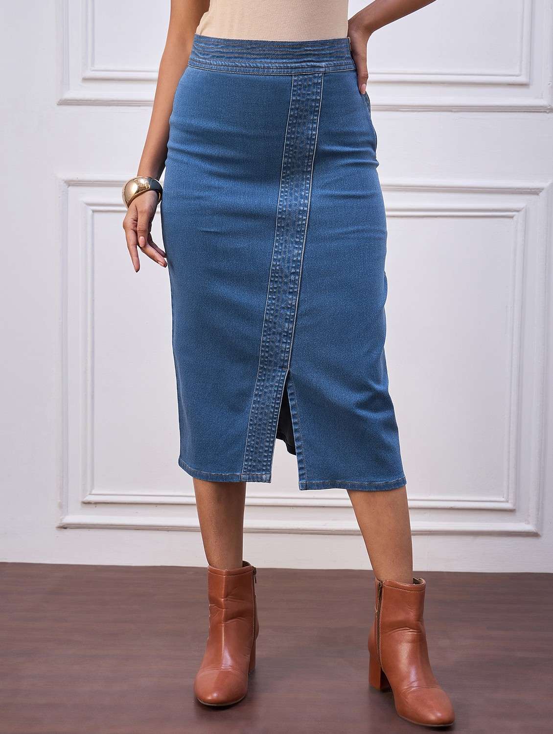 women solid highr rise denim skirt - 22088229 - Zoom Image - 0
