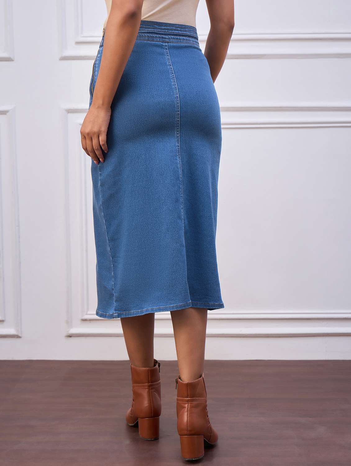women solid highr rise denim skirt - 22088229 - Standard Image - 3