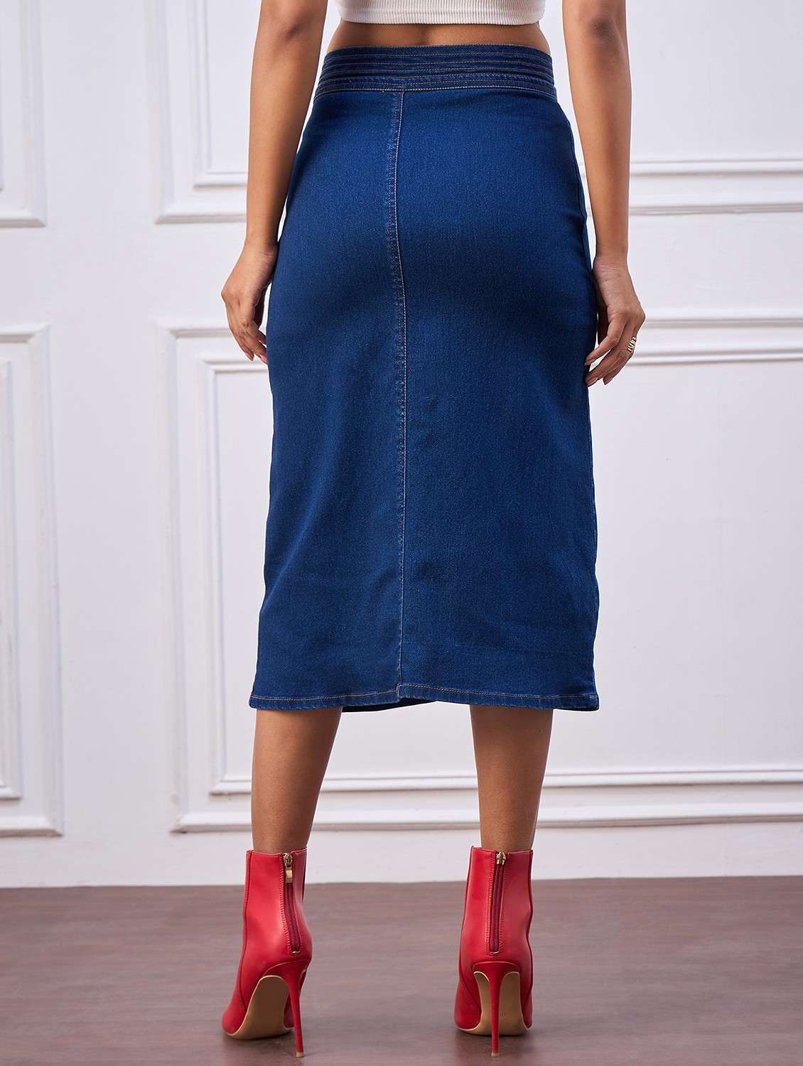women solid highr rise denim skirt - 22088230 -  Standard Image - 3