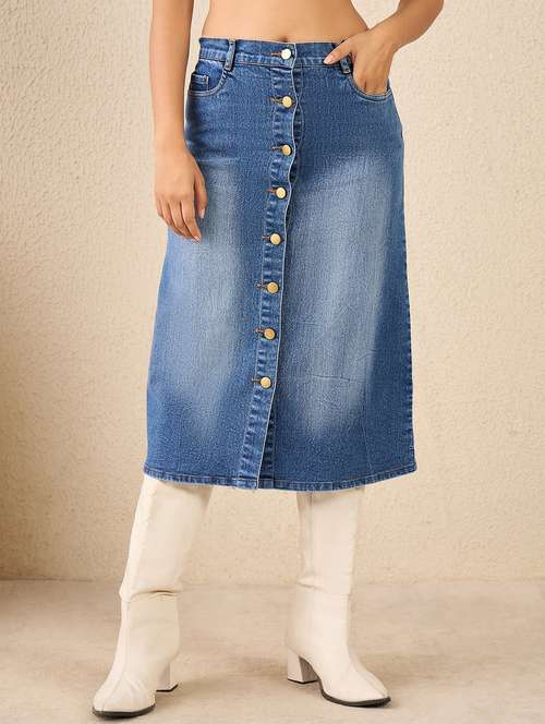 women solid hig rise denim a-line skirt - 22088232 -  Standard Image - 0