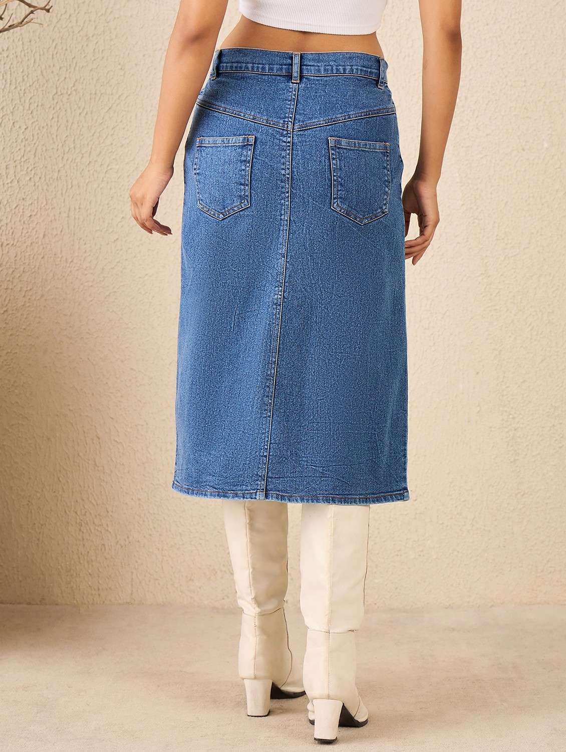 women solid hig rise denim a-line skirt - 22088232 - Standard Image - 3