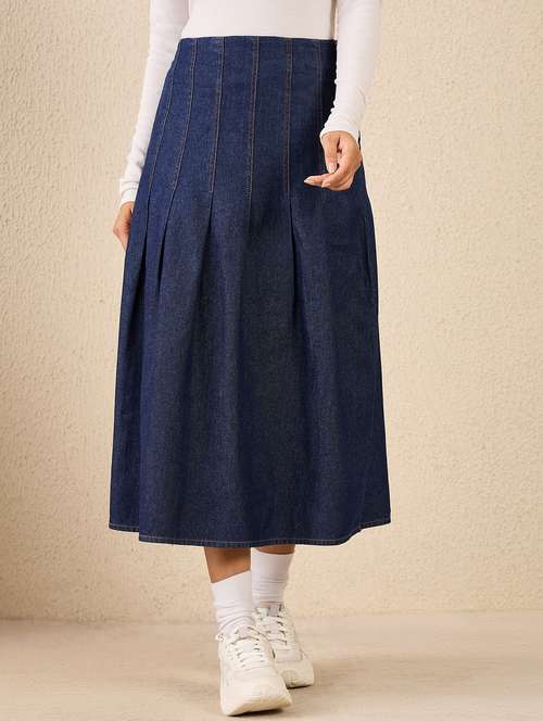 women solid high rise denim pleated skirt - 22088233 -  Standard Image - 0