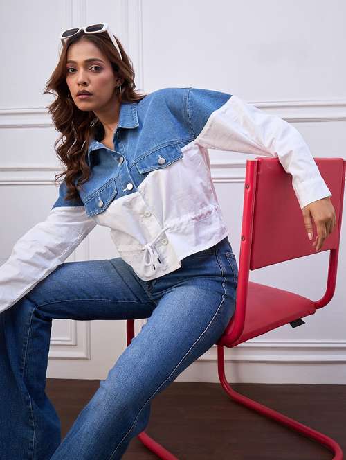 women color blocked long sleeve denim jacket - 22088235 -  Standard Image - 0