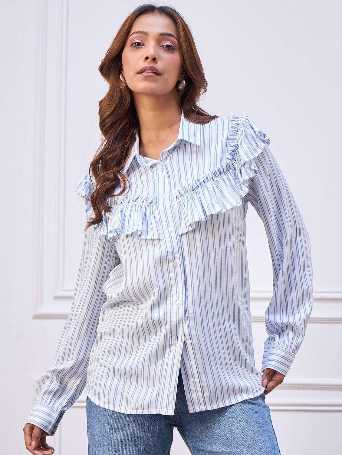 women striped ruffled long sleeve shirt - 22088238 -  Zoom Image - 0