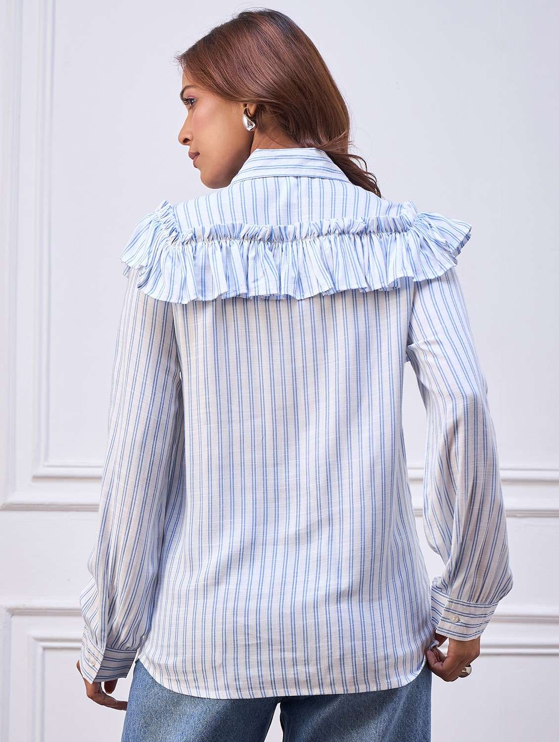 women striped ruffled long sleeve shirt - 22088238 - Standard Image - 3