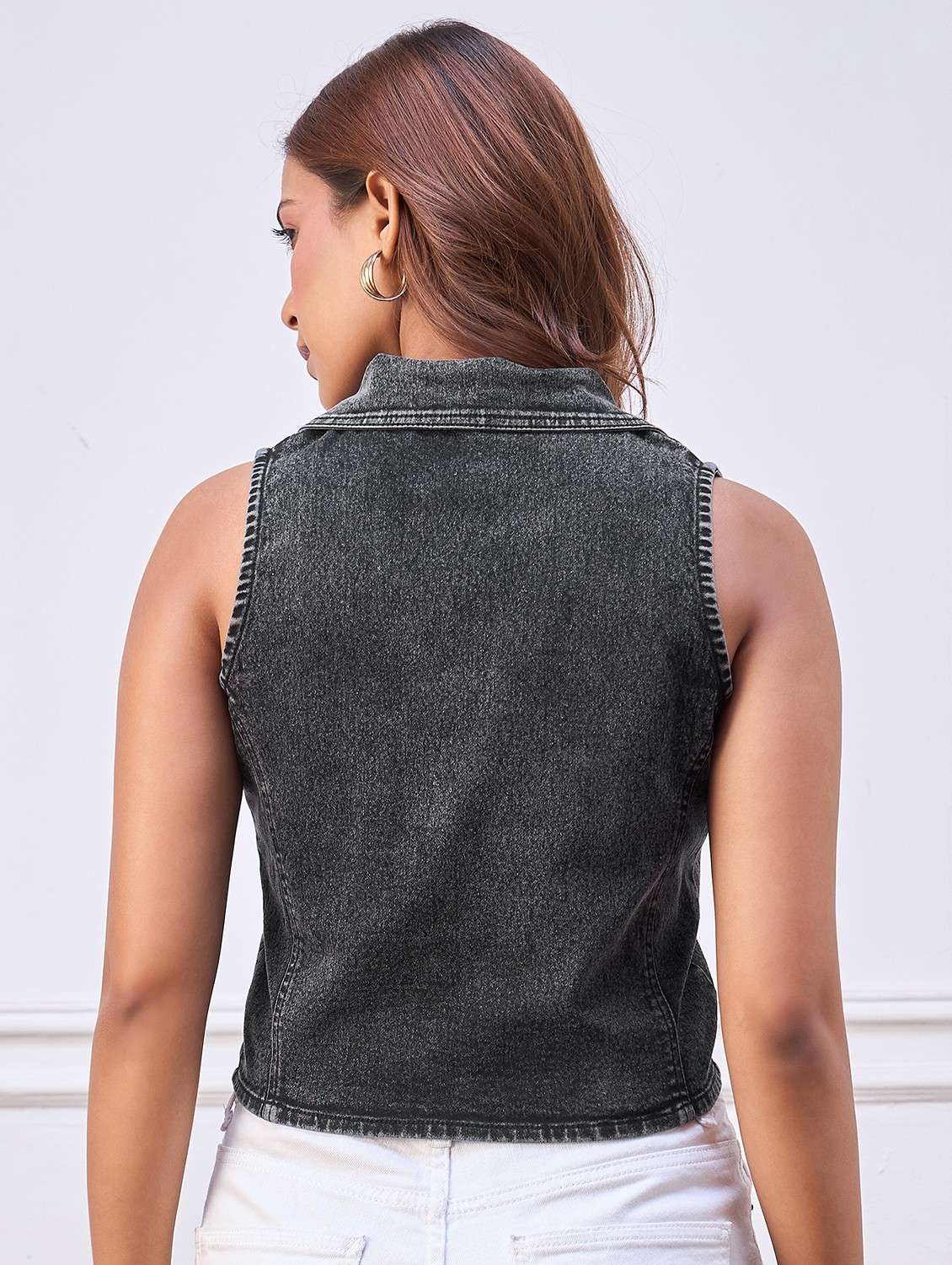 women solid collared sleeveless denim vest top - 22088239 - Standard Image - 3