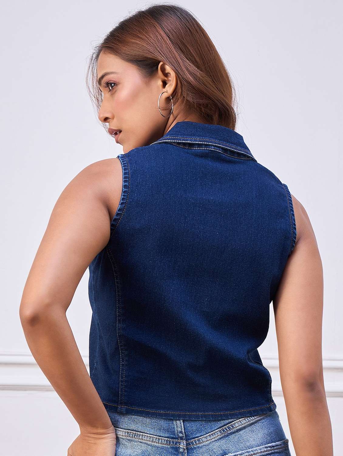 women solid collared sleeveless denim vest top - 22088240 - Standard Image - 3
