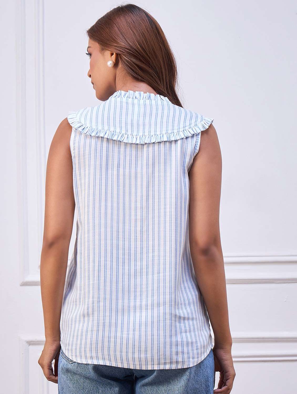 women striped sleeveless denim shirt top - 22088243 - Standard Image - 3