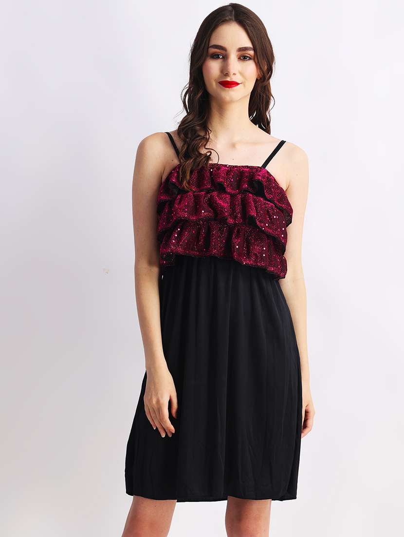 women solid shoulder strap a-line dress