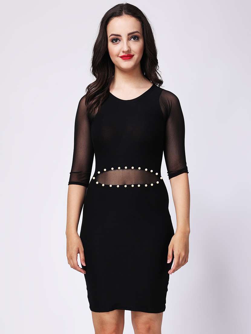 women solid three quartre sleeve bodycon dress