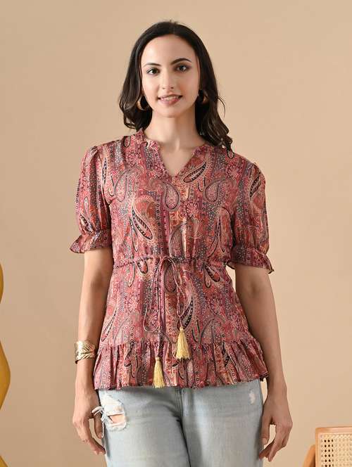 women printed mandarin neck puff sleeve tiered top - 22088692 -  Standard Image - 0