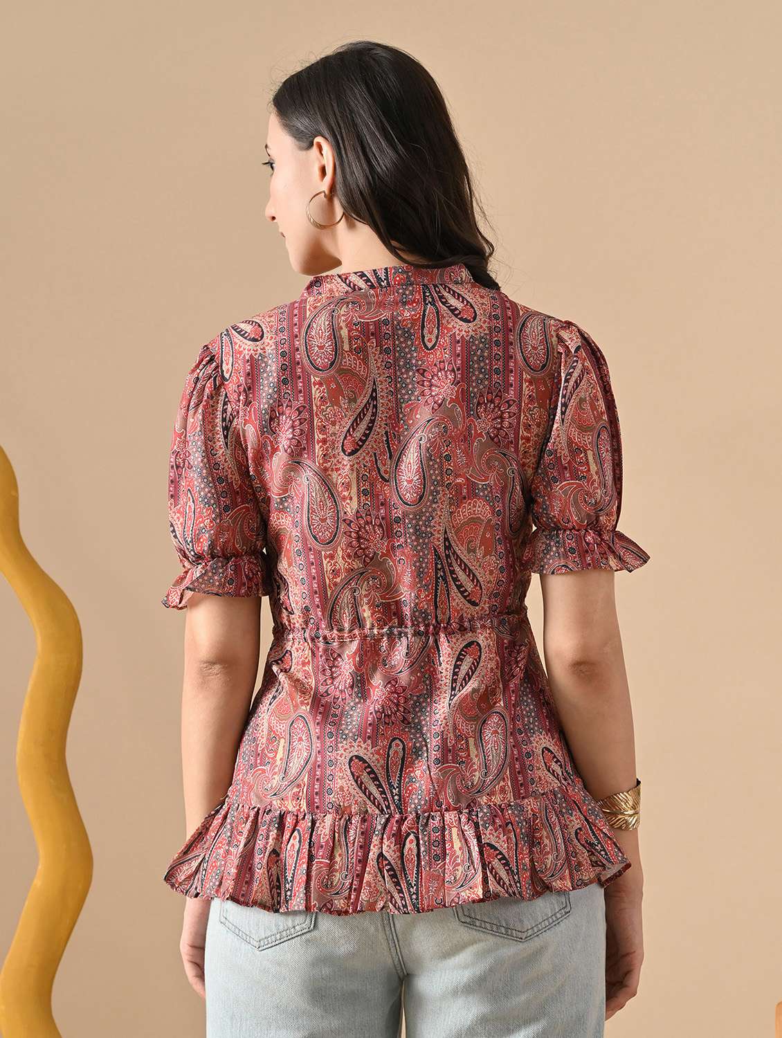 women printed mandarin neck puff sleeve tiered top - 22088692 - Standard Image - 3