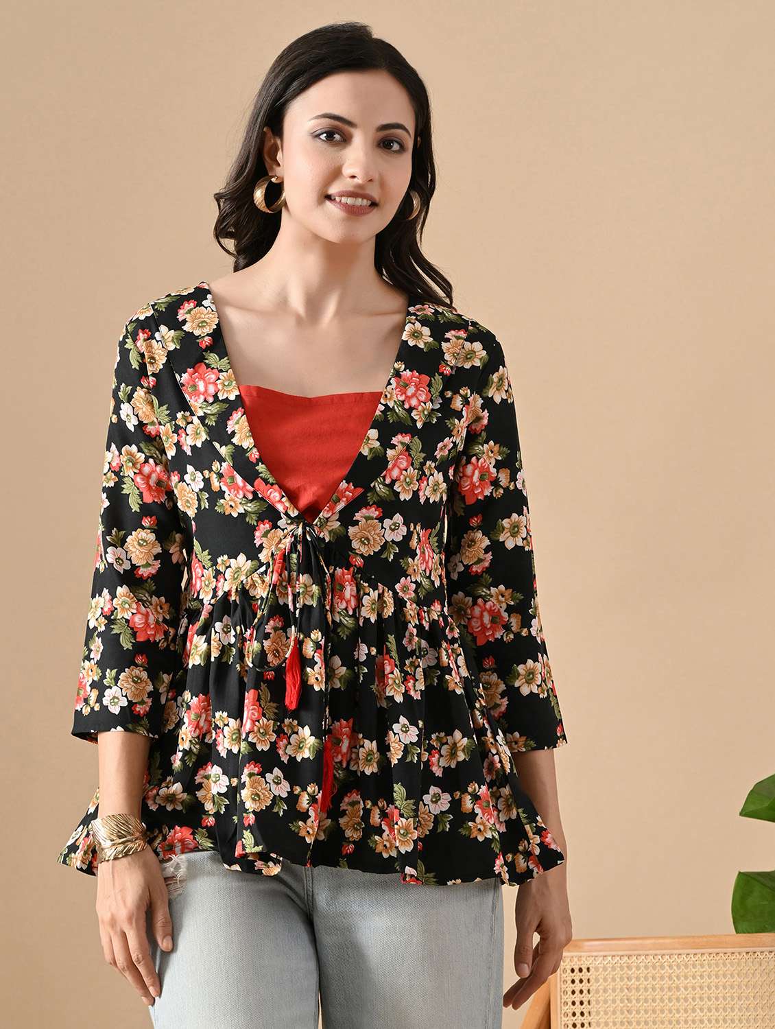 women floral print three quarter sleeve flared top