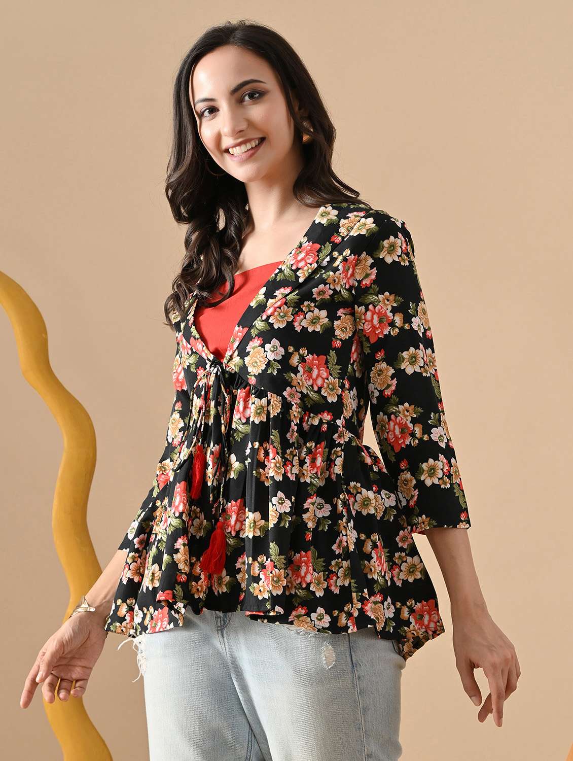 women floral print three quarter sleeve flared top - 22088693 - Standard Image - 3