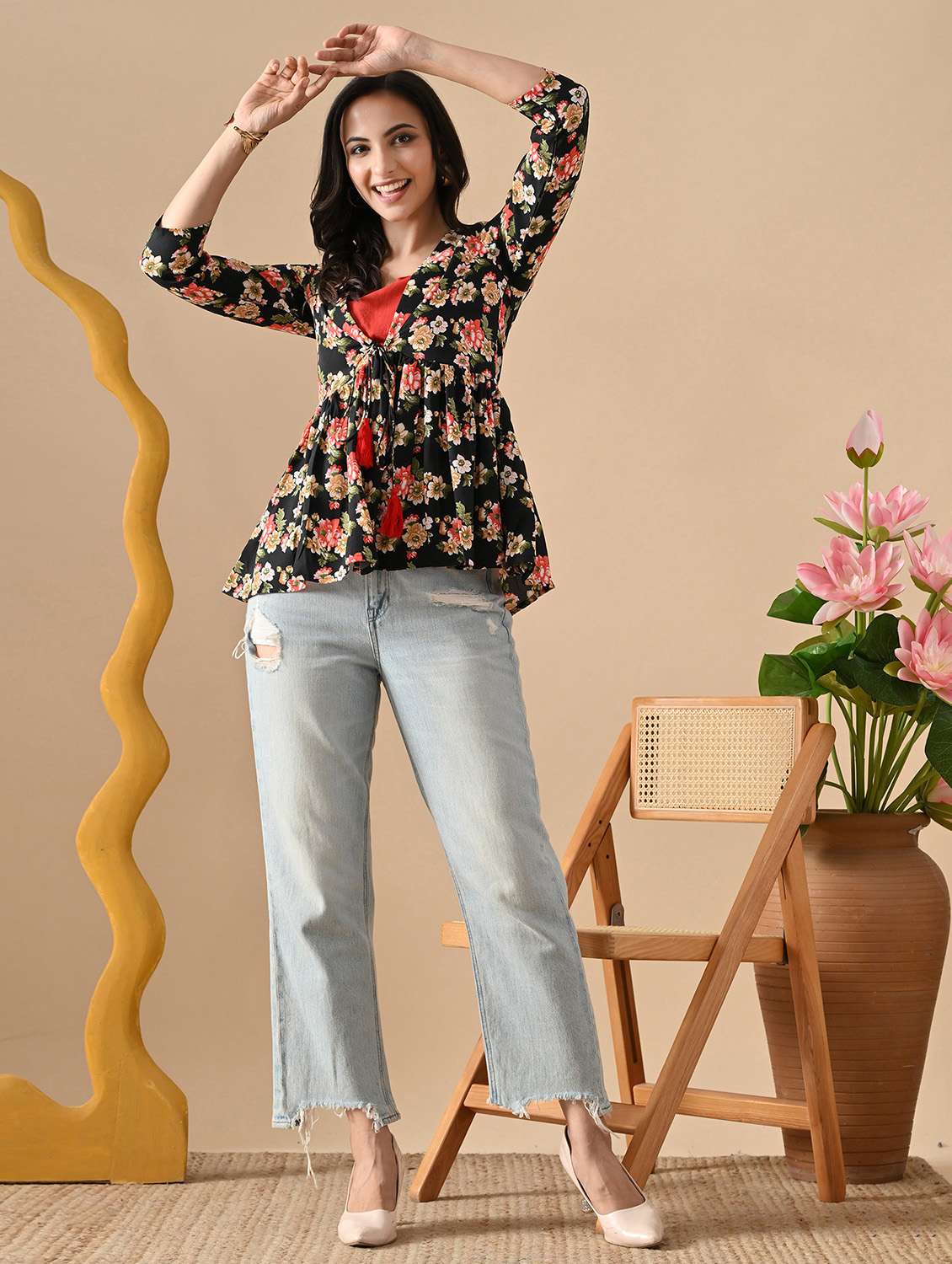 women floral print three quarter sleeve flared top - 22088693 - Standard Image - 5