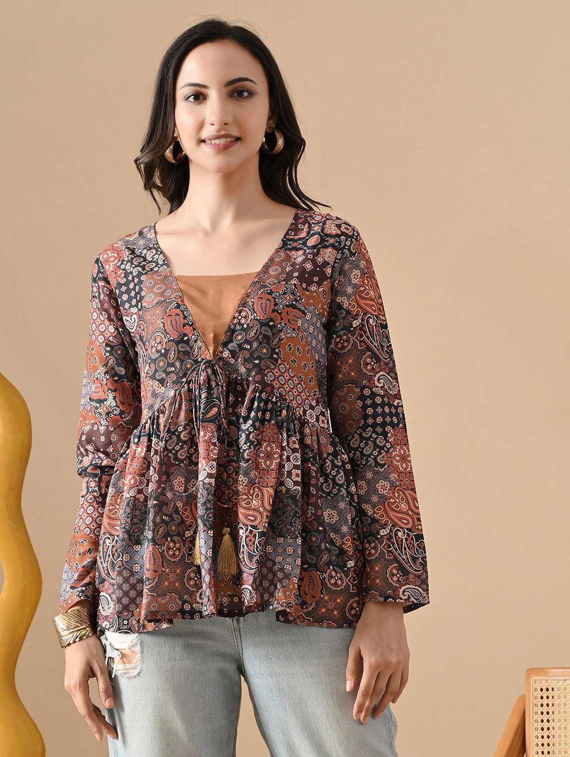 women printed long sleeve flared top