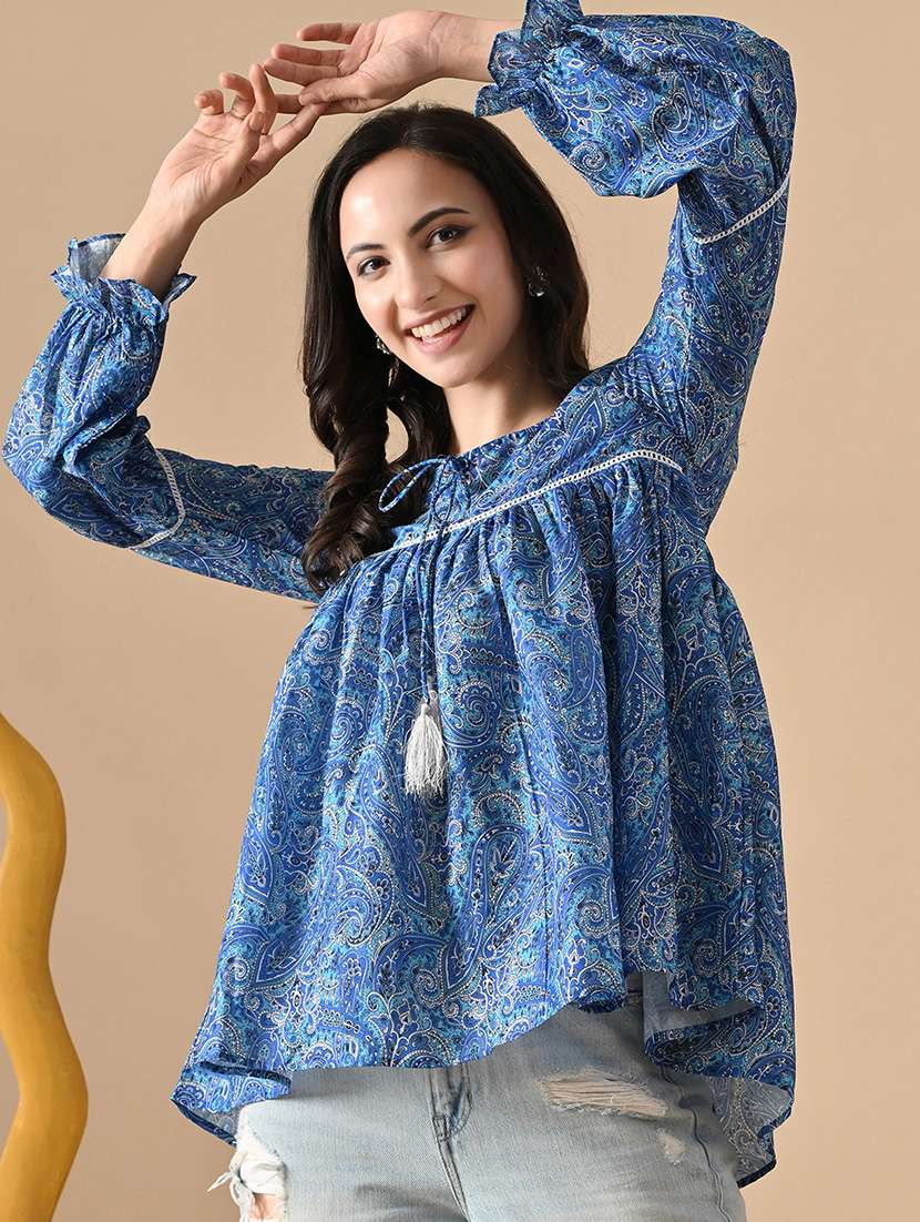 women printed tie-up neck long sleeve flared kurti