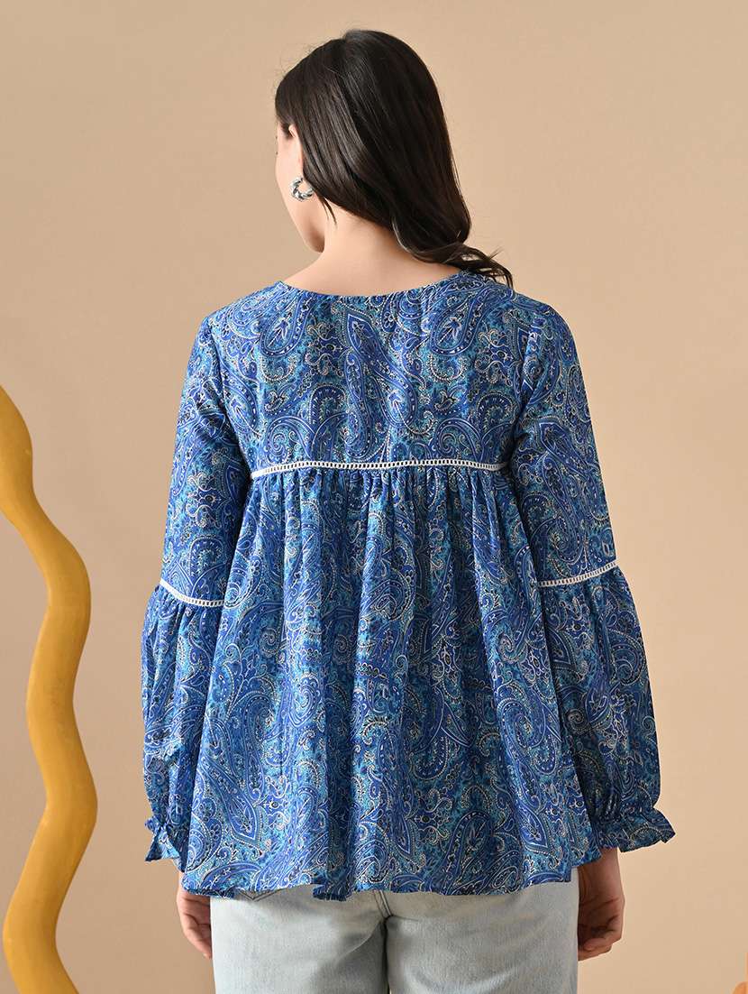 women printed tie-up neck long sleeve flared kurti - 22088745 - Standard Image - 3