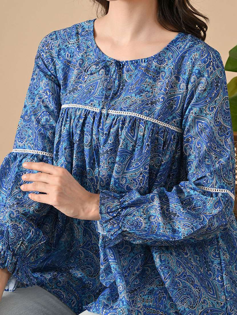 women printed tie-up neck long sleeve flared kurti - 22088745 - Standard Image - 5