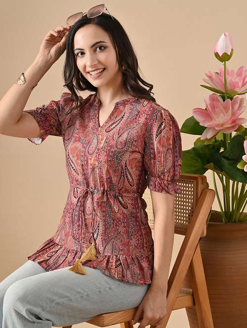 women pringted mandarin neck puff sleeve tiered top - 22088746 - Standard Image - 0