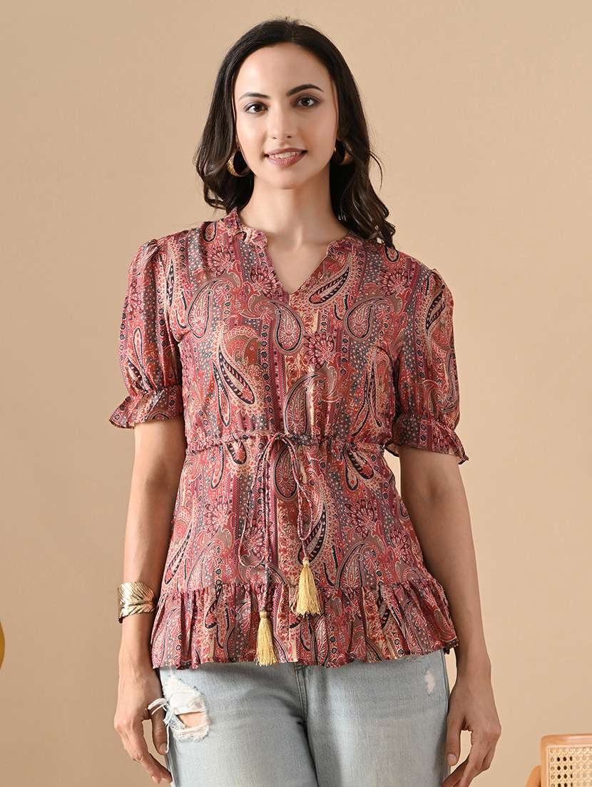 women pringted mandarin neck puff sleeve tiered top - 22088746 - Standard Image - 3