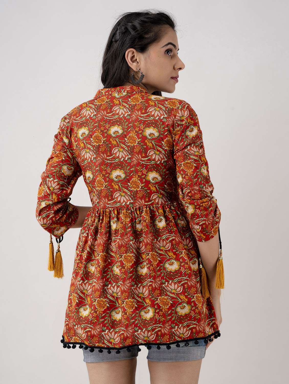 women printed three quarter sleeve flared kurti with tassels - 22088750 -  Standard Image - 3