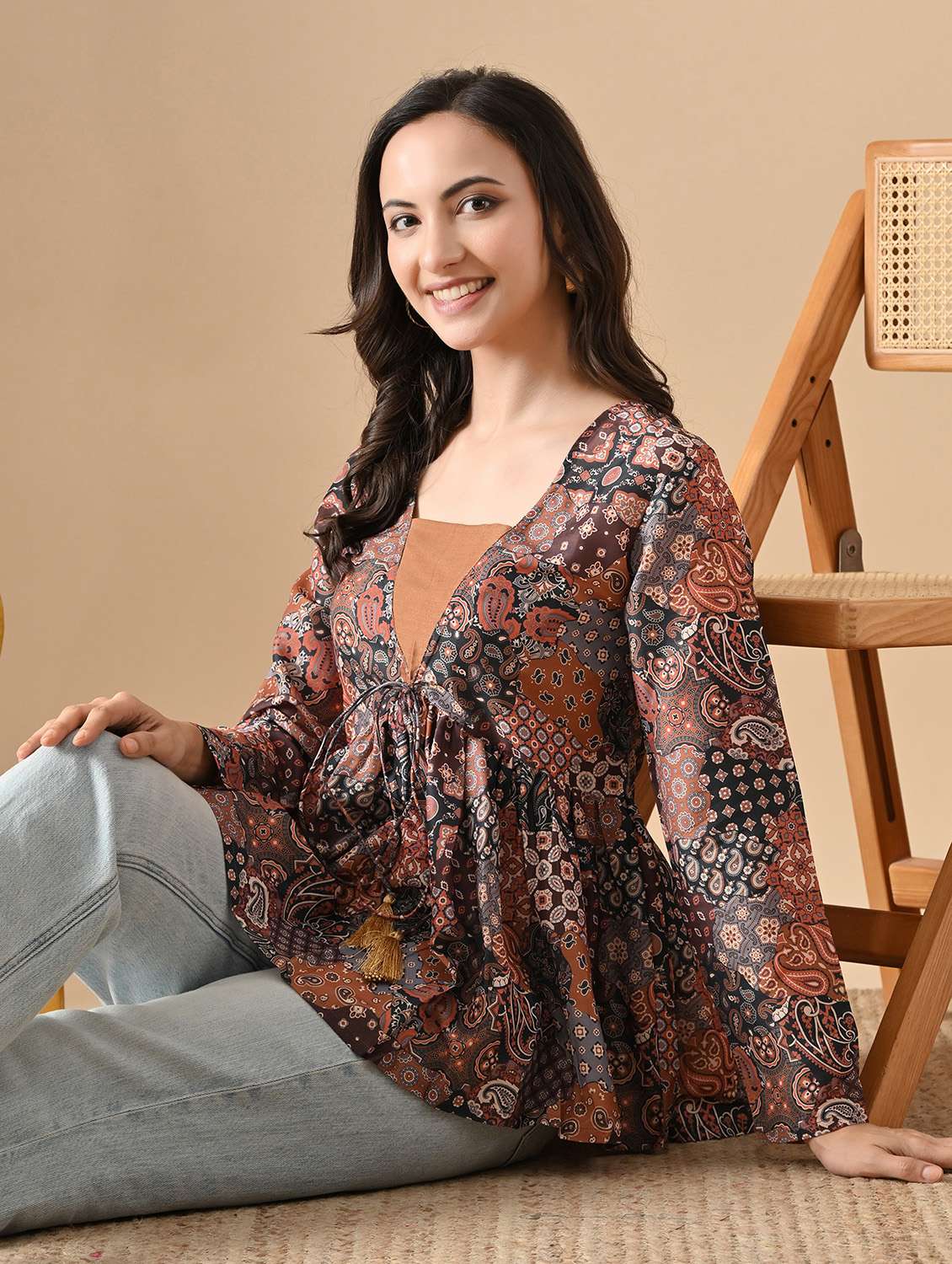women printed long sleeve flared top - 22088751 -  Zoom Image - 0